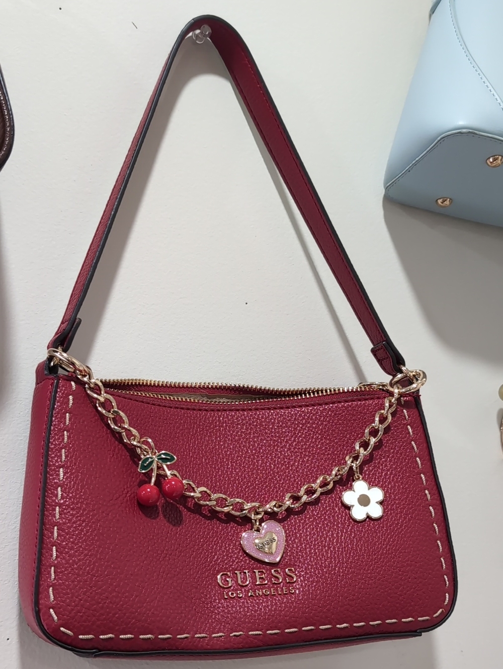 GUESS Cherry-Accent Red Shoulder Bag with Gold Chain
